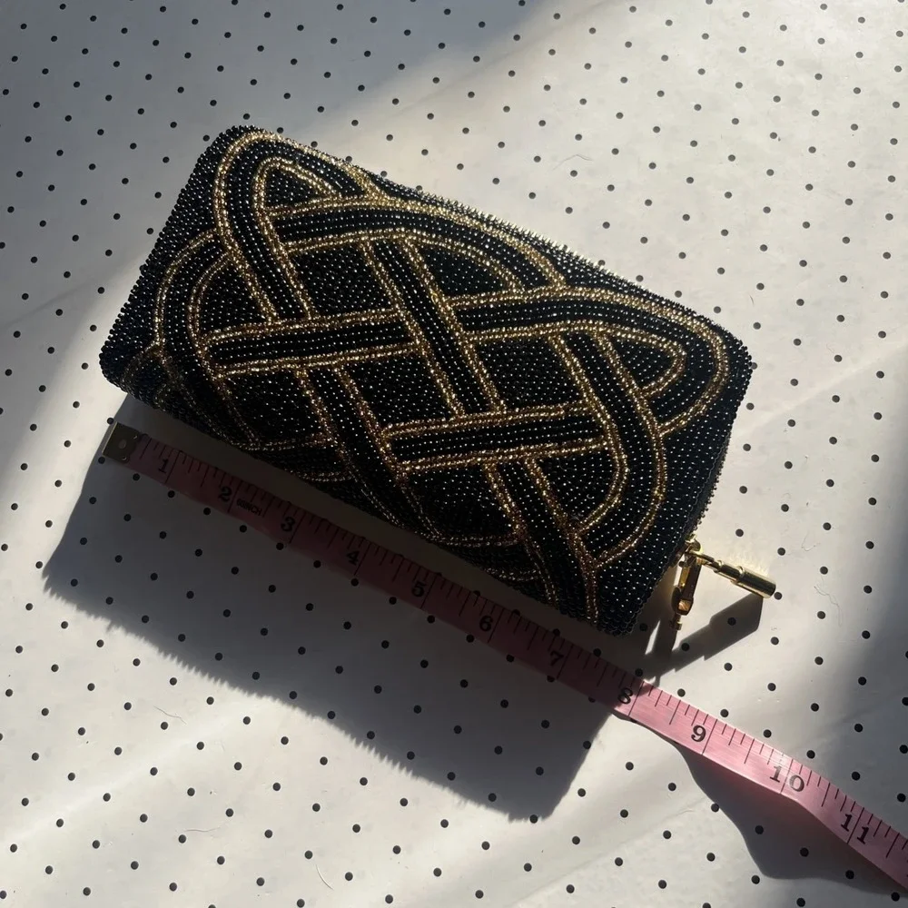 Vintage Black Beaded Evening Clutch Purse Gold Silver Geometric Art Deco Glam